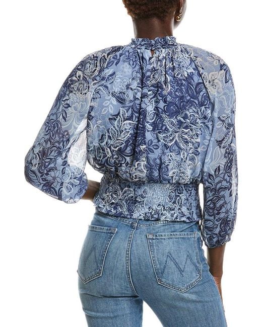 Laundry by Shelli Segal Blue Printed Smocked Blouse