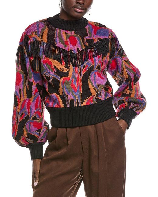 Farm Rio Red Wild Horses Fringe Wool-Blend Sweater