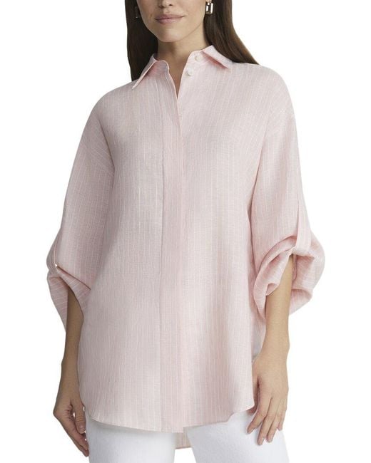Lafayette 148 New York Multicolor Tab Sleeve Linen Blouse