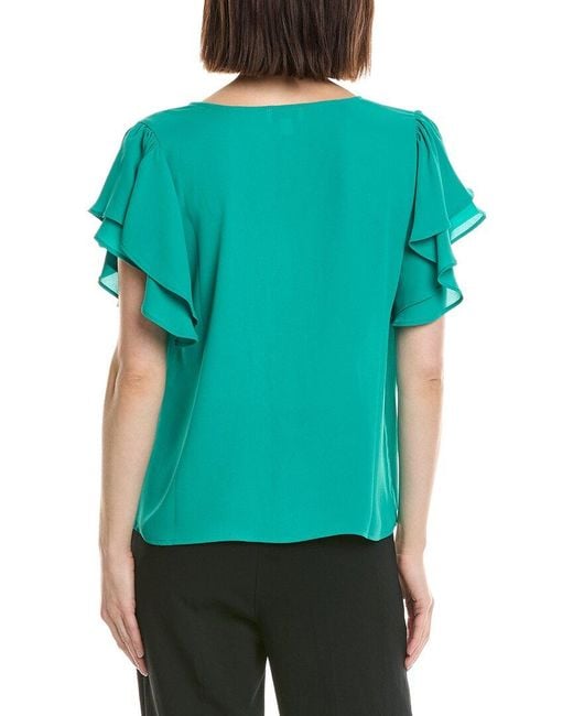 Cece Green Double Flutter Shirred Shoulder Blouse