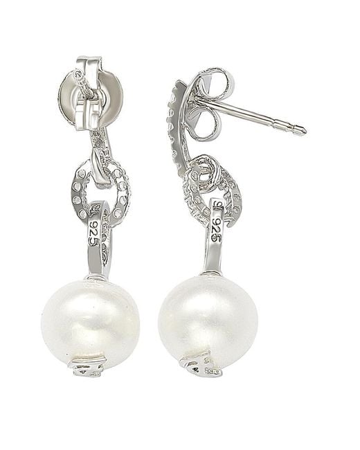 Suzy Levian White Silver Sapphire & 8mm Pearl Earrings