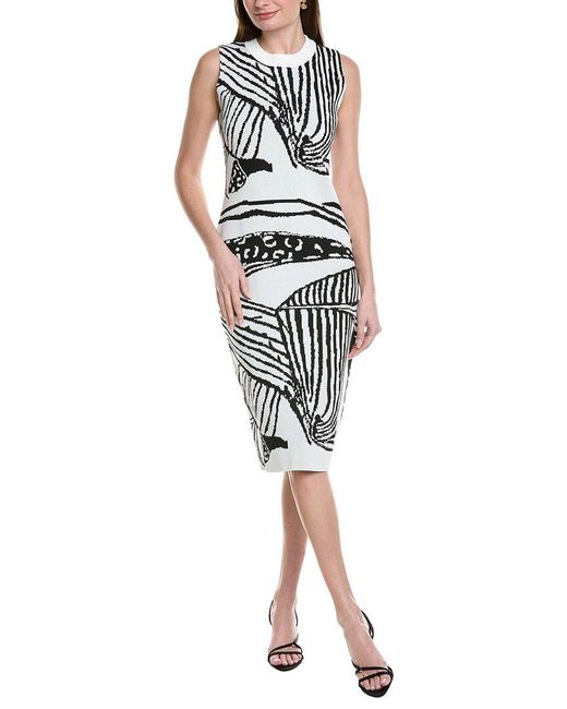 Gracia White Abstract Pattern Racer Neck Fitted Knit Midi Dress