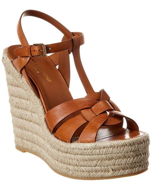 Saint Laurent Brown Tribute Leather Espadrille Wedge Sandals
