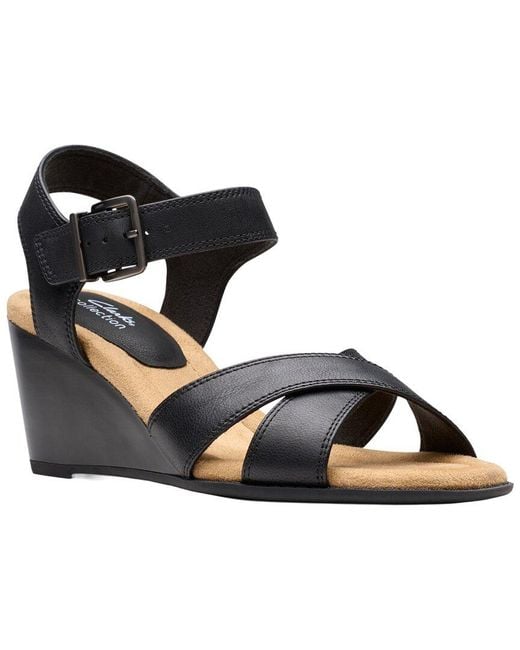 Clarks Black Emmalae Iris Leather Wedge Sandal