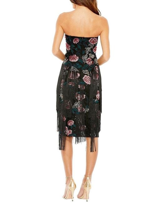 Mac Duggal Black Floral-Embossed Fringed Strapless Midi Dress