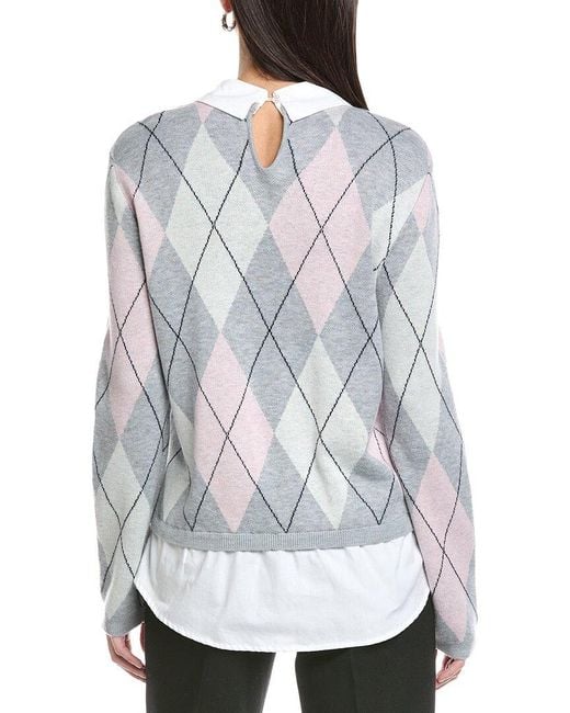 Cece Gray Argyle Twofer Wool-Blend Sweater