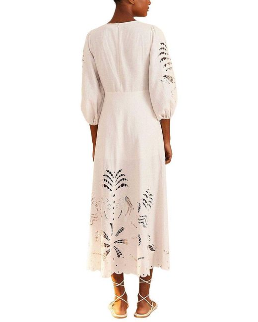 Farm Rio Natural Linen-Blend Richelieu Cut Out Midi Dress