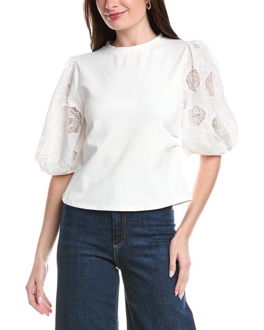 Gracia White Puffed Cut Work Lace Design Sleeve Top