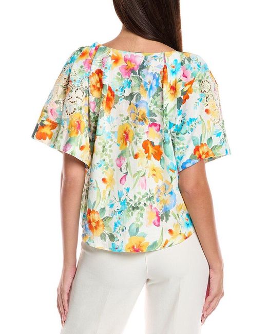 Tahari White V-Neck Linen-Blend Blouse