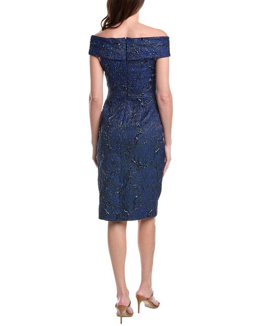 Teri Jon Blue Metallic Jacquard Portrait Side Ruched Dress