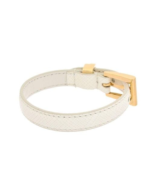 Prada White Logo Plated Saffiano Leather Enamel Triangle Charm Bracelet