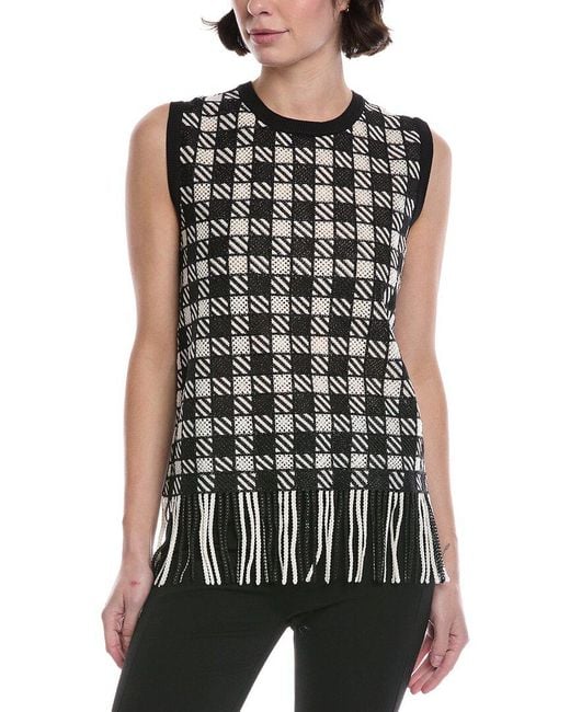 Oscar de la Renta Black Checkered Guipure Fringe Silk-Blend Tank