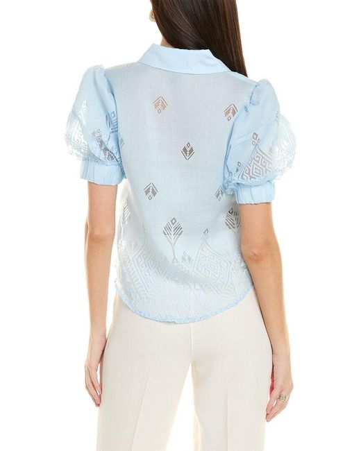 Gracia Blue Sheer Graphic Puff Sleeve Shirt