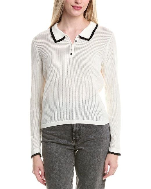 Cece White Pointelle Knit Polo Sweater