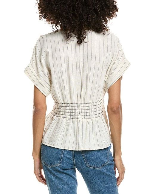 Max Studio White Short Sleeve Pleat Front Linen-Blend Blouse