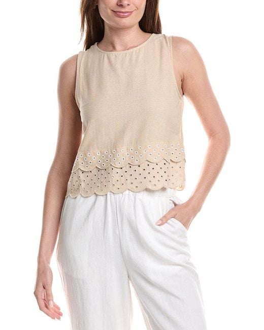 Ellen Tracy White Linen-Blend Embroidered Top