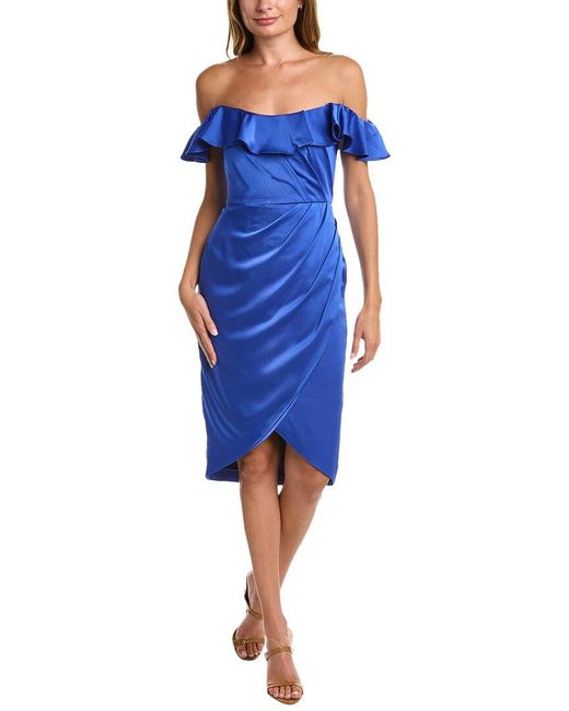 THEIA Blue Off-the-shoulder Satin Midi Dress