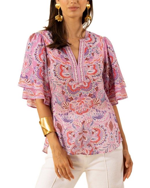 Hale Bob Red Braelyn Short Sleeve Silk-Blend Top