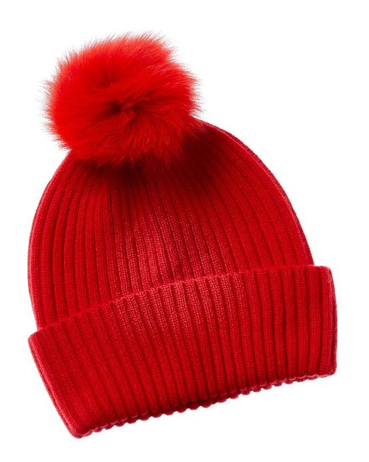 Sofiacashmere Red Cashmere Ribbed Hat With Pom