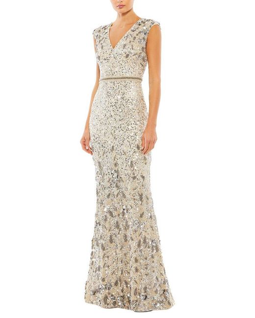 Mac Duggal Metallic Beaded V Neck Cap Sleeve Column Gown