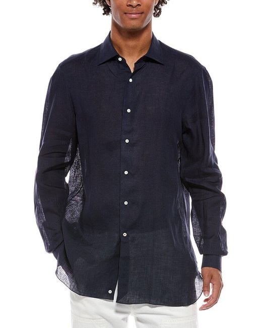 Isaia Blue Milano Mix Linen Dress Shirt for men
