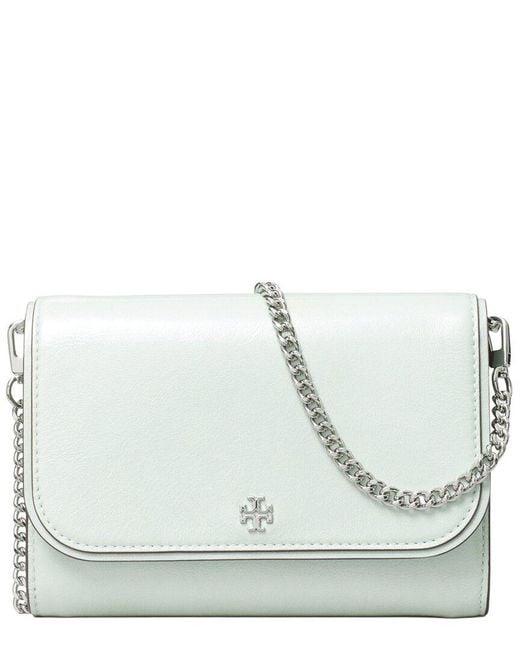 Tory Burch Gray Emerson Shiny Textured Chain Leather Chain Wallet