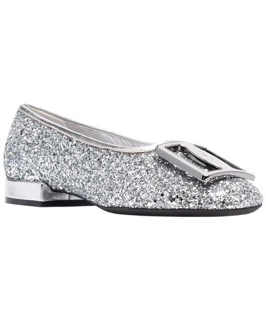 Ferragamo Gray Logo Plaque Leather Ballet Flat
