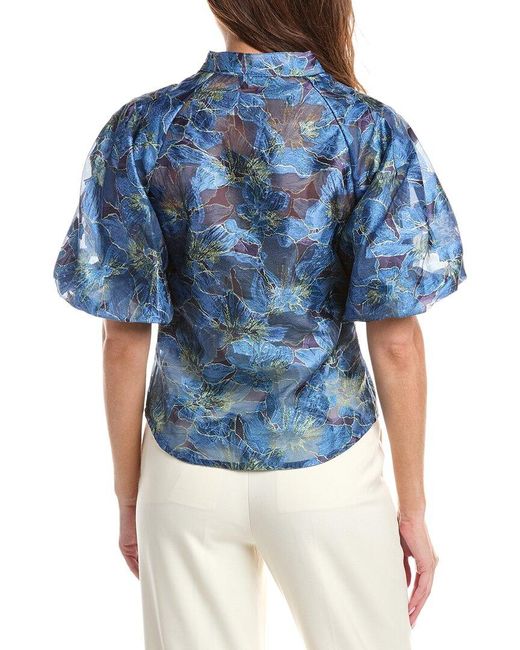 Gracia Blue Floral Print Puff Sleeve Organza Top