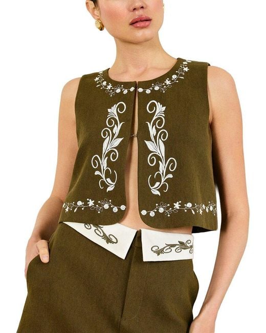 Line & Dot Green Brea Embroidered Linen-Blend Top
