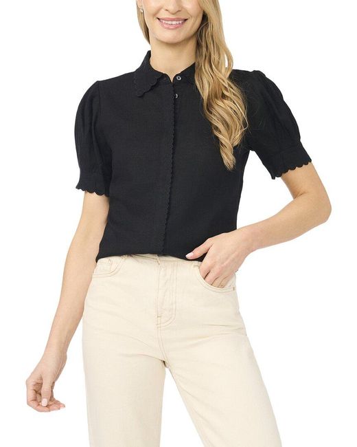 Cece Black Linen-Blend Woven Top