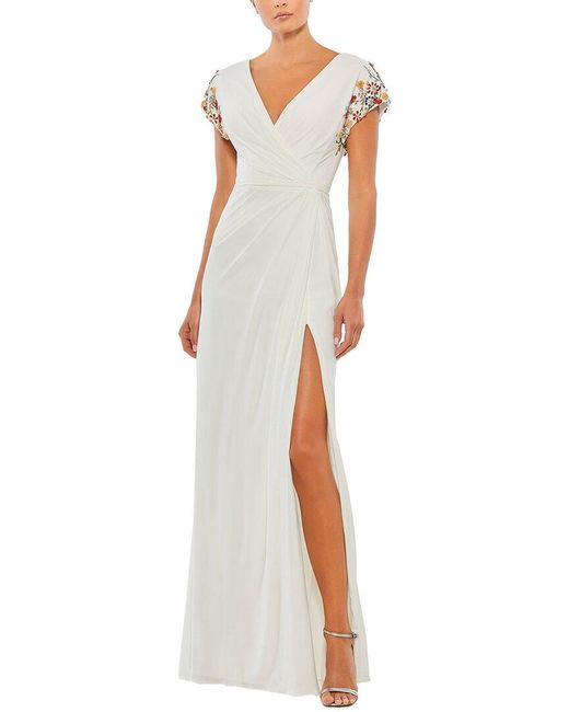 Mac Duggal White Beaded Cap Sleeve Faux Wrap Jersey Gown
