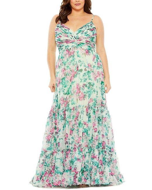 Mac Duggal Green Plus Floral Tiered Ruched Gown