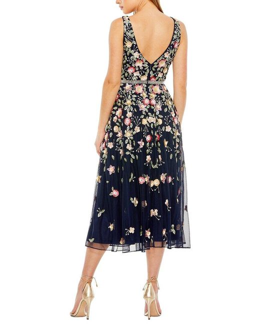 Mac Duggal Blue Embroidered Mesh V-Neck Sleeveless Midi Dress