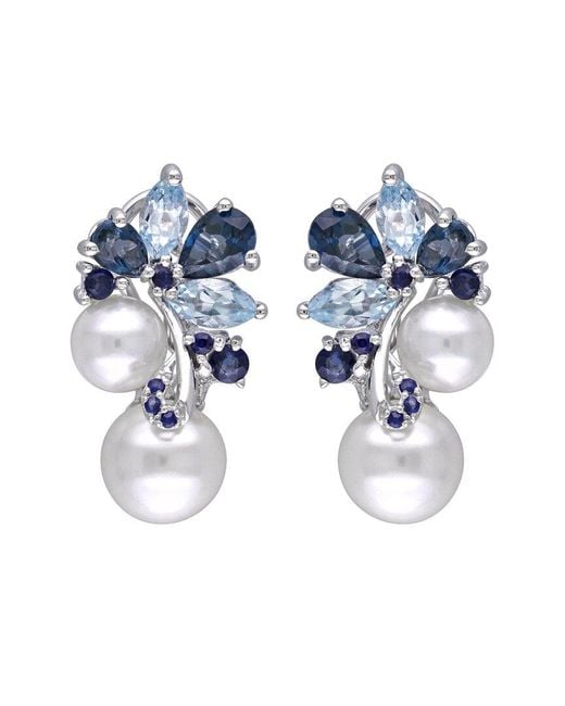 Pearls Blue Silver 3.00 Ct. Tw. Gemstone & 6-8.5mm Freshwater Pearl Earrings