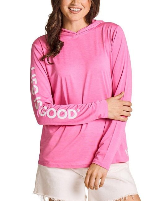 Life Is Good. Pink Long Sleeve Hooded Sun Crusher Shirt