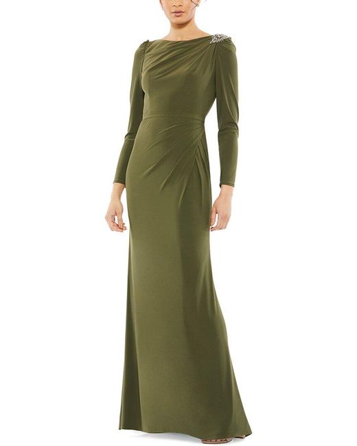 Mac Duggal Green Draped Bateau Long Sleeve Trumpet Gown