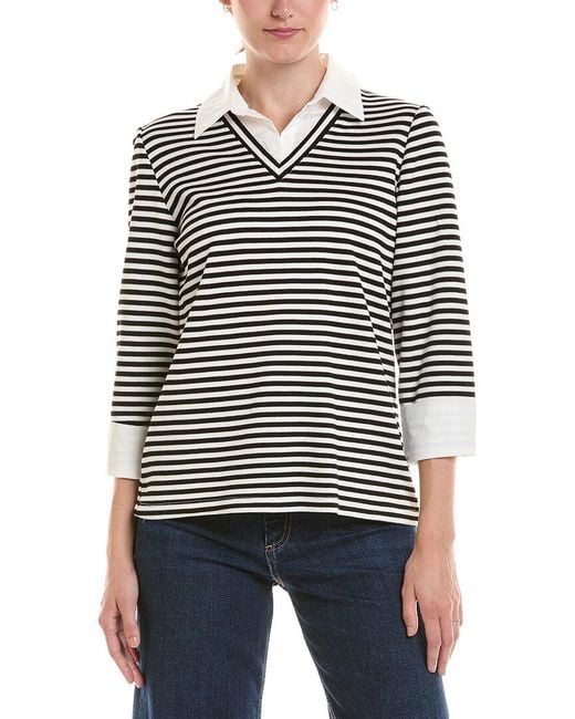 Jones New York White Petite Poplin Trim Twofer Stripe Top