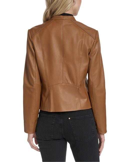 Cole Haan Brown Stand Collar Leather Racer Jacket