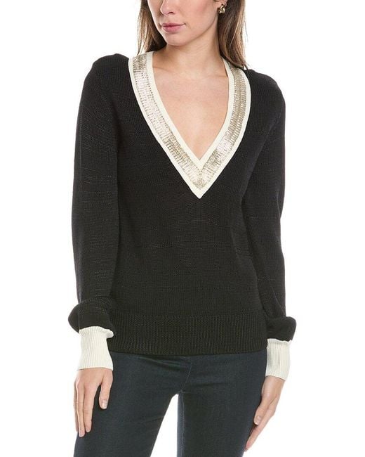 Reiss Black Courtney Contrast Trim Embellished V-Neck Sweater