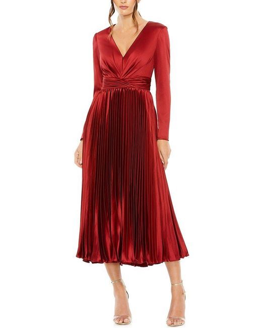 Mac Duggal Red Pleated Long Sleeve V-Neck Dress