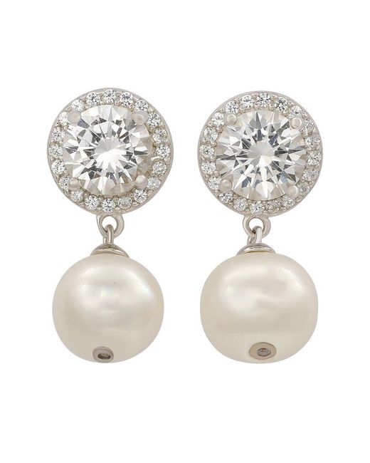 Suzy Levian Silver 0.02 Ct. Tw. Diamond & Created White Sapphire & 8mm Pearl Halo Dangle Earring