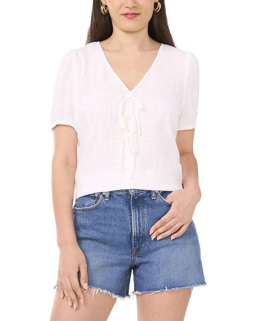 Vince Camuto White Front Tie Linen-Blend Blouse