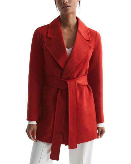 Reiss Red Amalia Belted Blind Seam Short Wool-Blend Coat