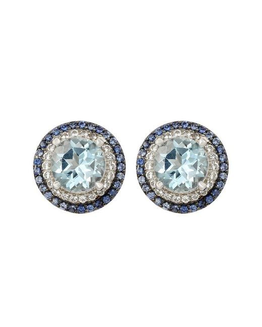 Suzy Levian Blue Silver 0.02 Ct. Tw. Diamond & Gemstone Double Halo Studs