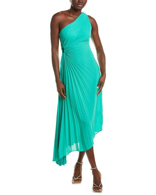 Nicole Miller Green Accordion Pleated One-Shoulder Midi Dress