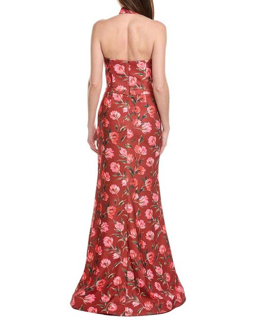 Rene Ruiz Red Halter Neck Belted Waist Floral Gown