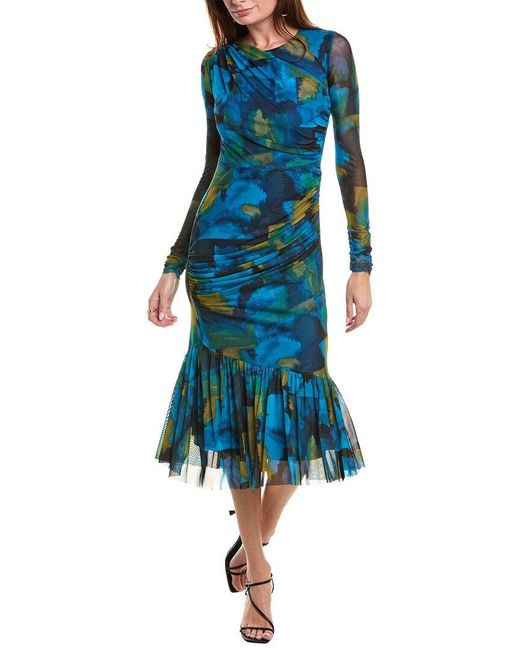 Taylor Blue Draped Mesh Midi Dress