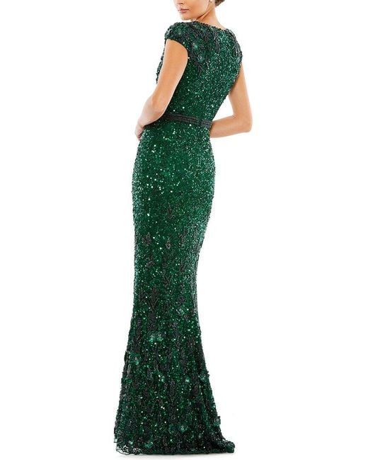 Mac Duggal Green Embellished V-Neck Cap Sleeve Sequin Gown