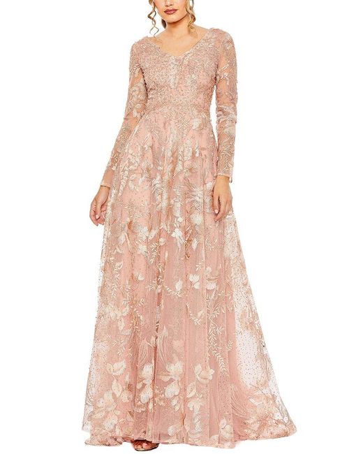 Mac Duggal Pink Embellished Long Sleeve V Neck A Line Gown