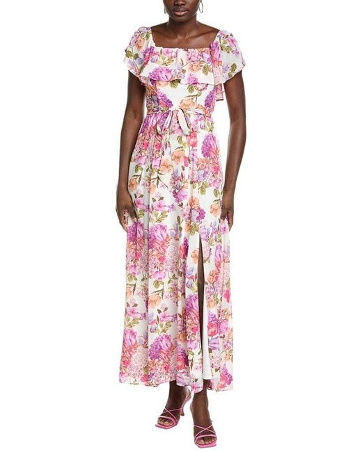 Maison Tara Red Printed Chiffon Crepe Short Sleeve Maxi Dress
